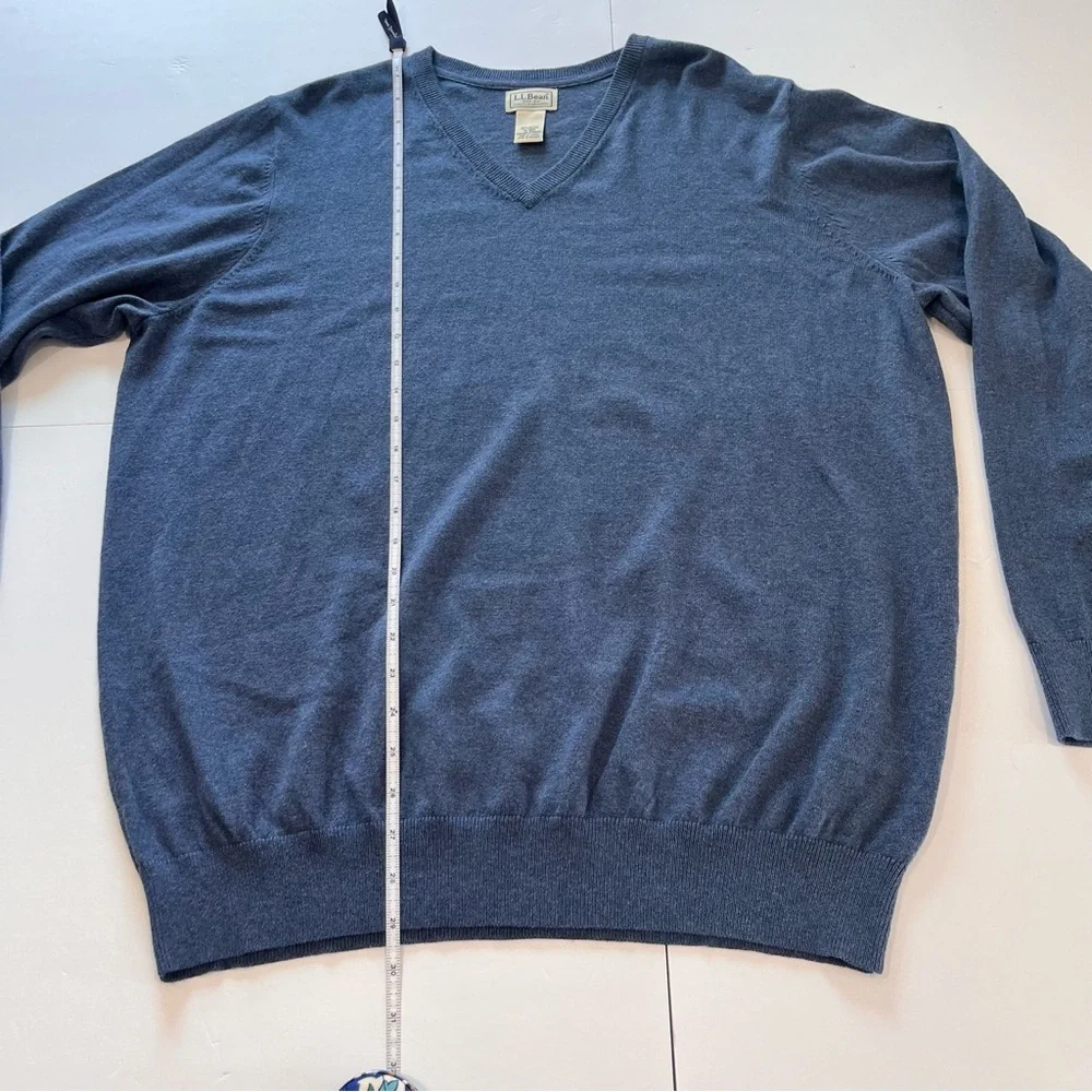 LL Bean Blue V Neck Cotton Cashmere Pullover Sweater XL‎